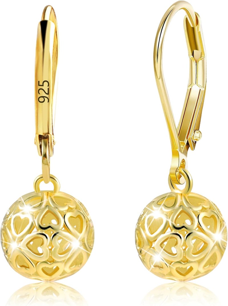 Lancharmed 925 Sterling Silver 14K Gold French Style Leverback Earrings, Heart Dangle Drop Earrings for Women Hypoallergenic Jewelry - Image 1